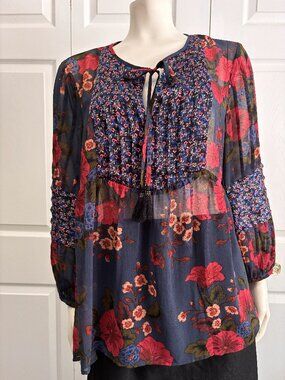 Daniel Rainn Floral Sheer Boho Peasant Blouse Medium